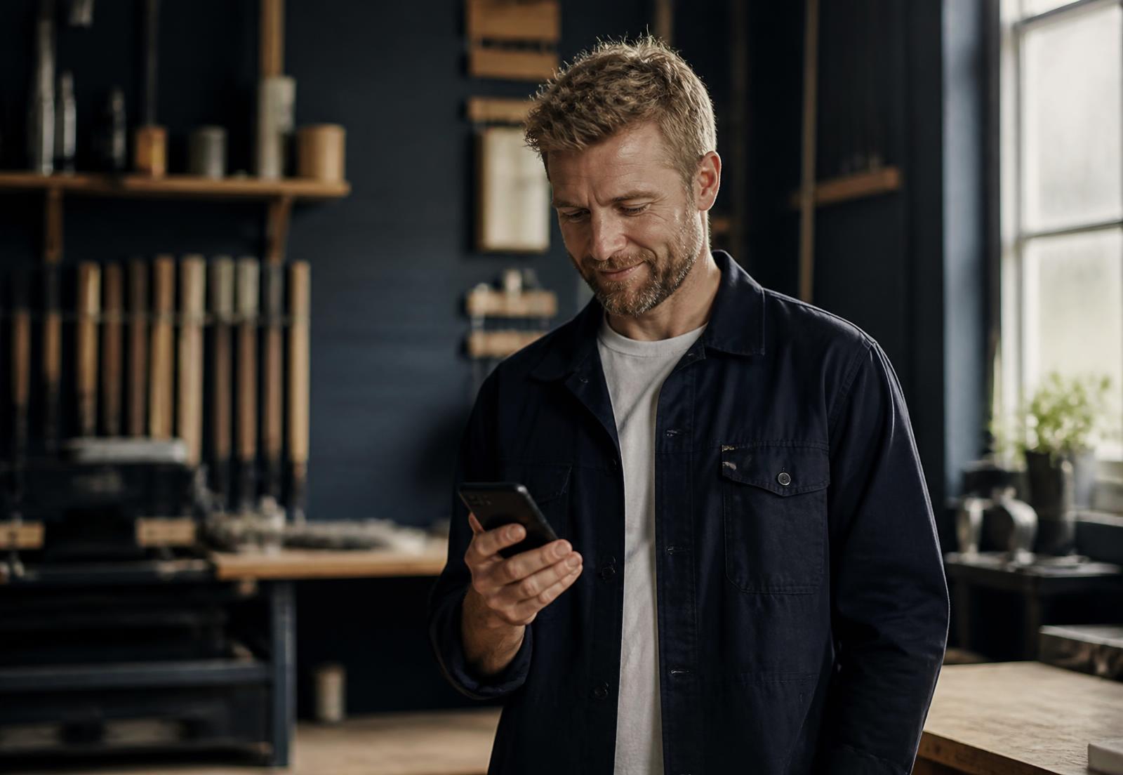 Företagare tittar på sin nya hemsida i mobilen